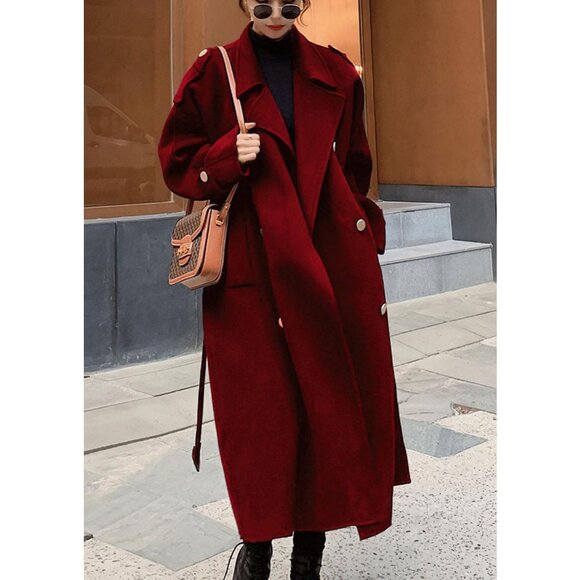Women's Red Winter Double-Breasted Wool Midi Pea Coat with Notch Lapel Trench - Picture 4 of 5